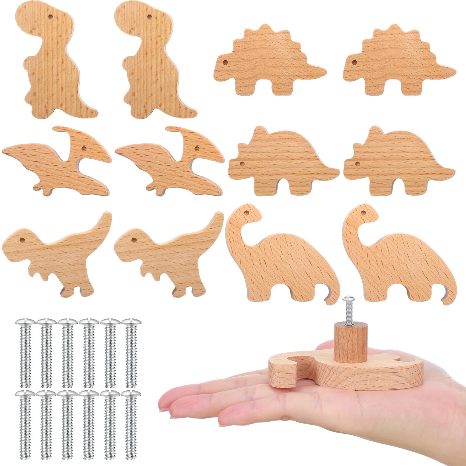 Qunclay Wooden Animal Cabinet Decorative Dresser Knobs with Screws Pulls for Wood Marine & Woodland Animals Furniture Drawers (Dinosaur, 12 Sets)