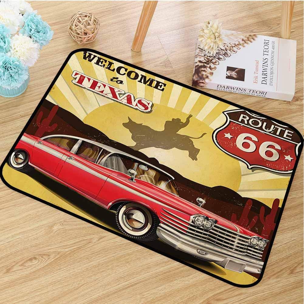 hengshu Vintage Welcome Door mat Welcome to Texas Signboard Poster with Cadillac Art Car Cowboys Town Rodeo Design Door mat is odorless and Durable W19.7 x L31.5 Inch Multicolor