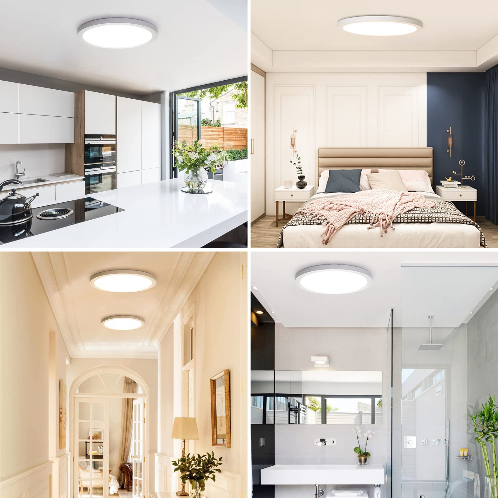 2-Pack 24W LED Flush Mount Ceiling Light Fixture, 12 Inch 2100LM Modern Close to Ceiling Light, 3000K/4000K/5000K Dimmable Ultra-Thin Flat Round Indoor Lighting Lamp for Bedroom Kitchen Bathroom