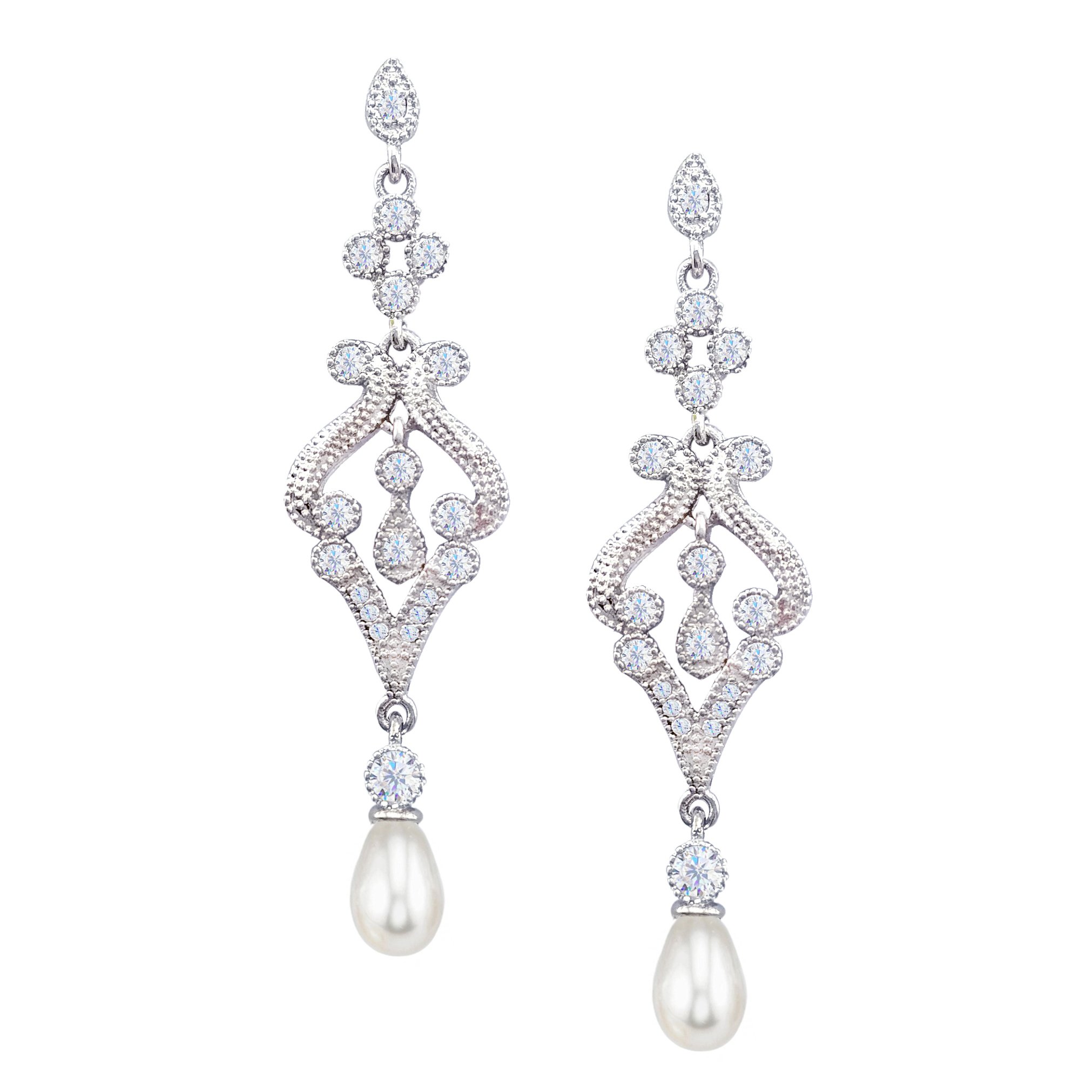 HAISWET Wedding Simulated Pearl Zircon Chandelier Dangle Earrings Cubic Zirconia Silver Tone