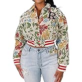 Women's Cropped Floral Print Bomber Jacket Casual Button Down Coats Outerwears