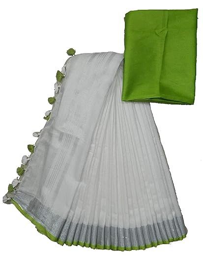 Women's Linen Saree With Running Blouse Piece (SLBP76_White)