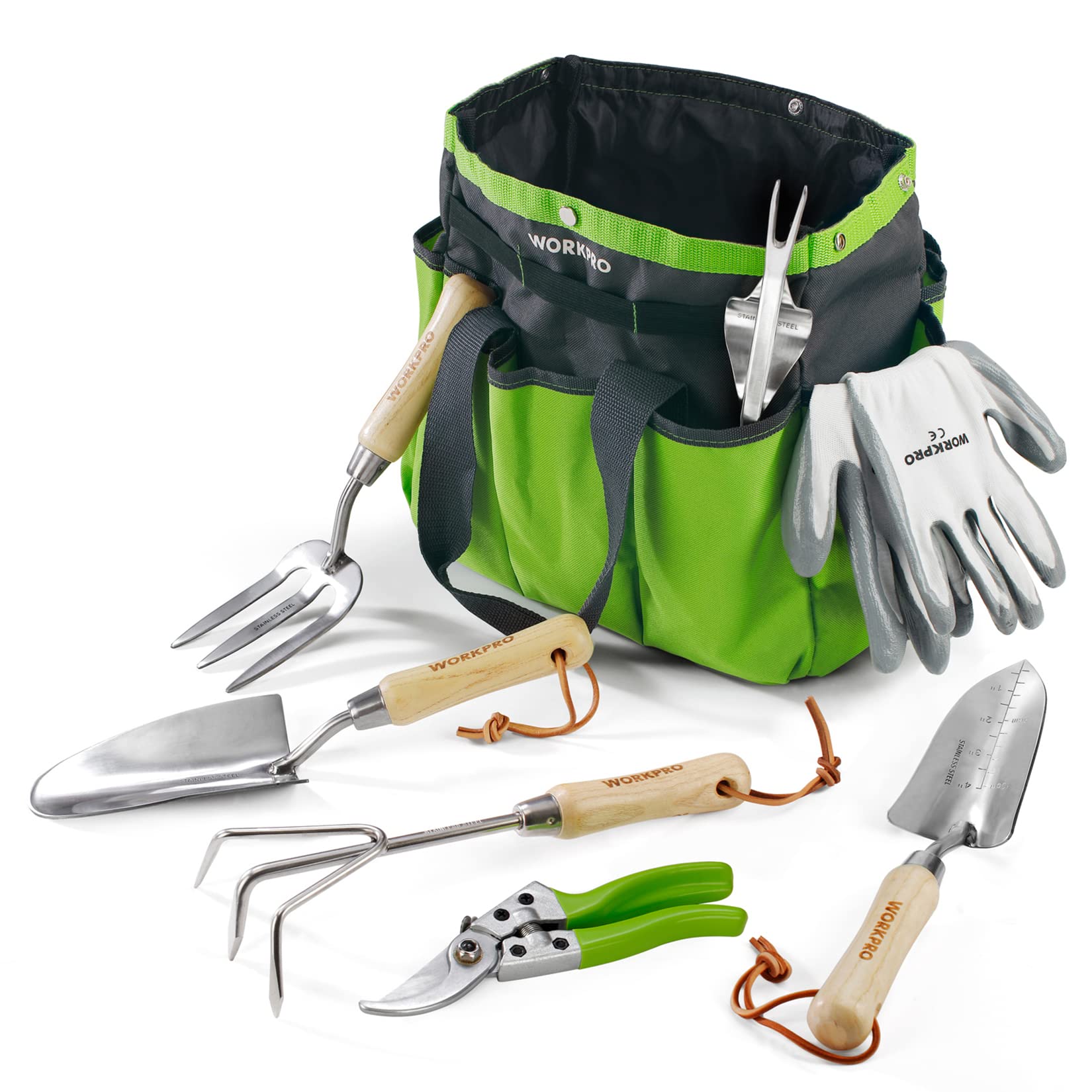 WORKPRO 8-Piece Garden Tools Set, Stainless Steel Hand Gardening Tools with Wooden Handle, Including Gloves, Trowel, Weeder, Hand fork, Hand Rake, Transplanter, Pruner and Garden Bag