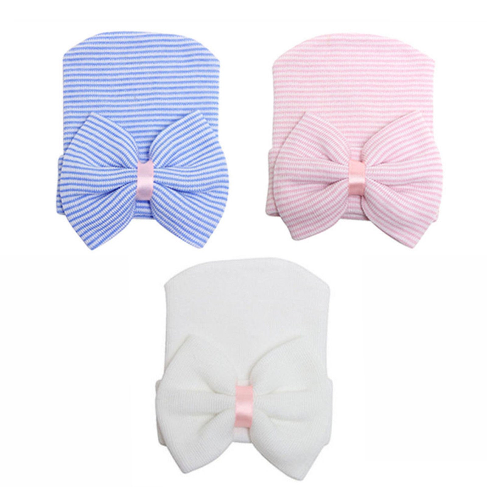 SunTrader 3-Pack Newborn Baby Girls Infant Toddler Hospital Beanie Bow-Knots Hat Knit Cap (Blue+Pink+White)
