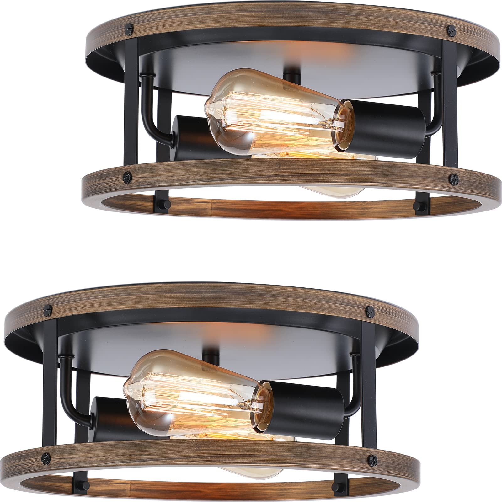 Photo 1 of 2 Pack Farmhouse Retro Style Ceiling Light Fixtures,Super Bright E26 Base,Anti-Corrosion Imitation Wood Grain and Black Flush Mount Ceiling Light for Hallway, Kitchen,Entryway,Porch,Living Room Etc