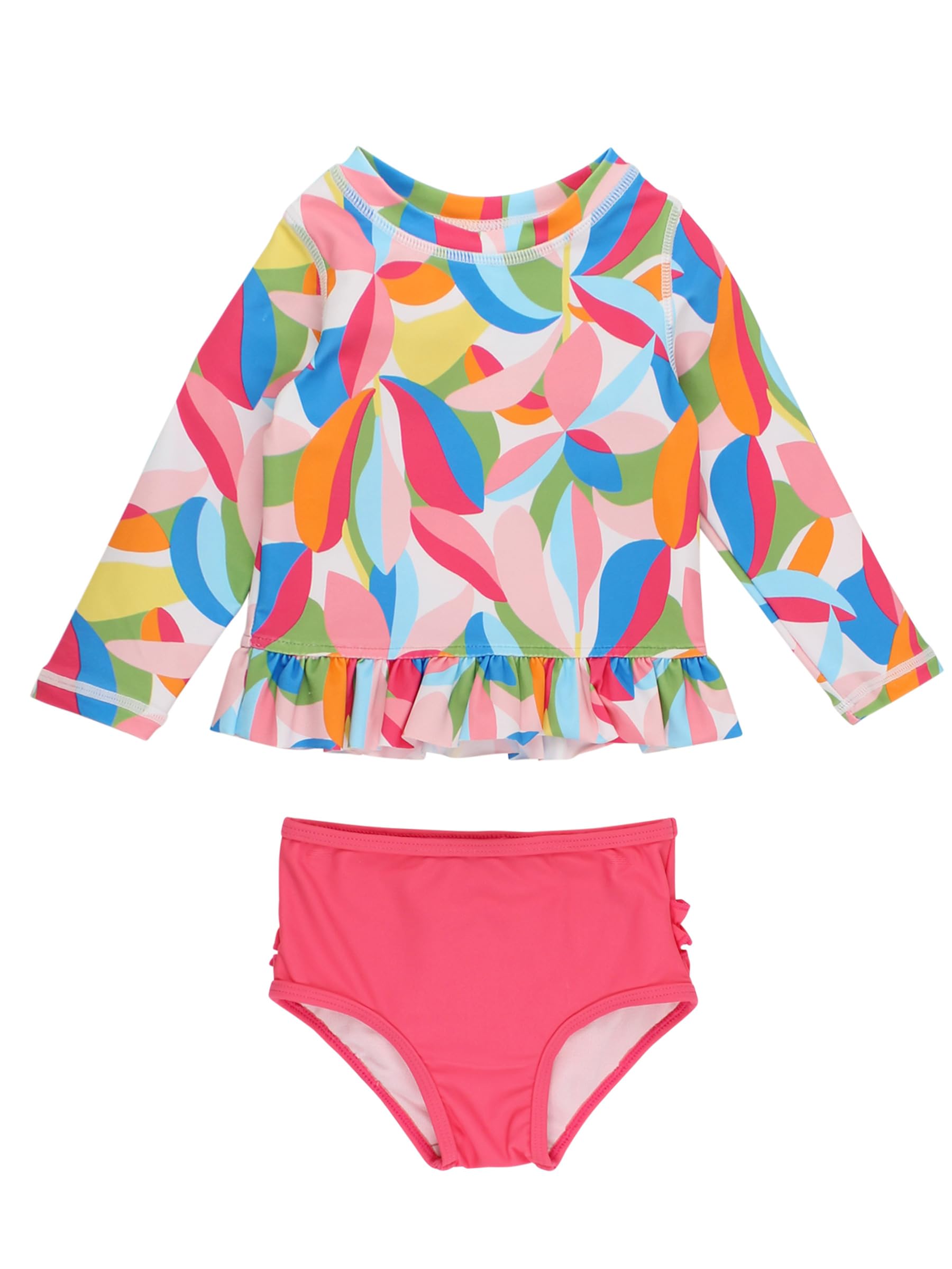 RuffleButts Baby/Toddler Girls Long Sleeve Rash Guard UPF50+ Sun Protected Bikini Swimsuit - Tropical Adventure, 2T Image