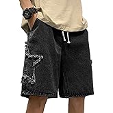 FCOOLYEET Men's Baggy Jeans Shorts Y2k Star Patchwork Denim Shorts Wide Leg Loose Hip-hop Jorts Y2k