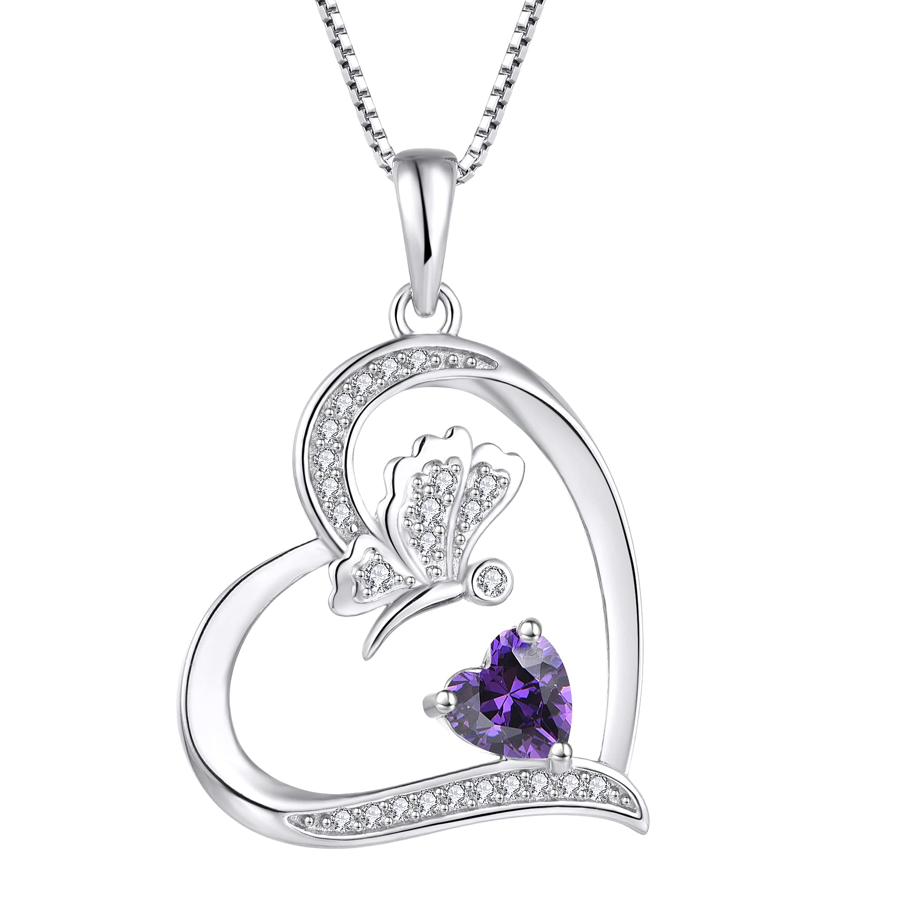 FJ Love Heart Butterfly Necklace 925 Sterling Silver Amethyst Necklace February Birthstone Pendant Jewellery for Women