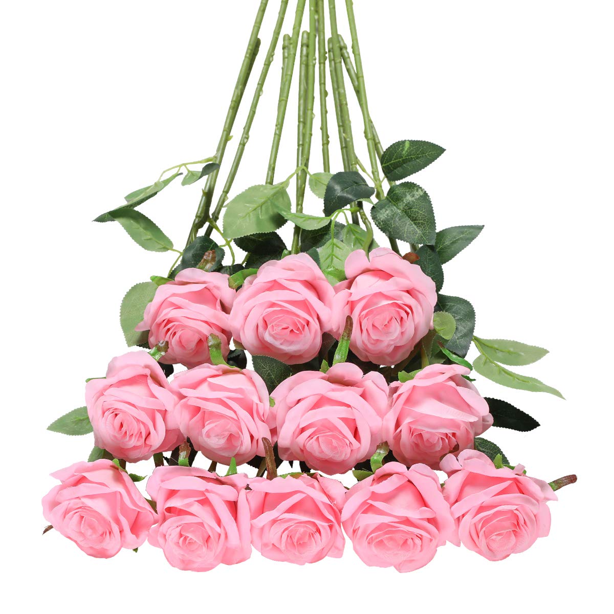 Tifuly 12 PCS Artificial Roses, 19.68'' Single Long Stem Fake Rose Silk Bridal Wedding Bouquet Realistic Flower for Home Garden Party Hotel Office Decor(Blossom Roses,Light Pink)