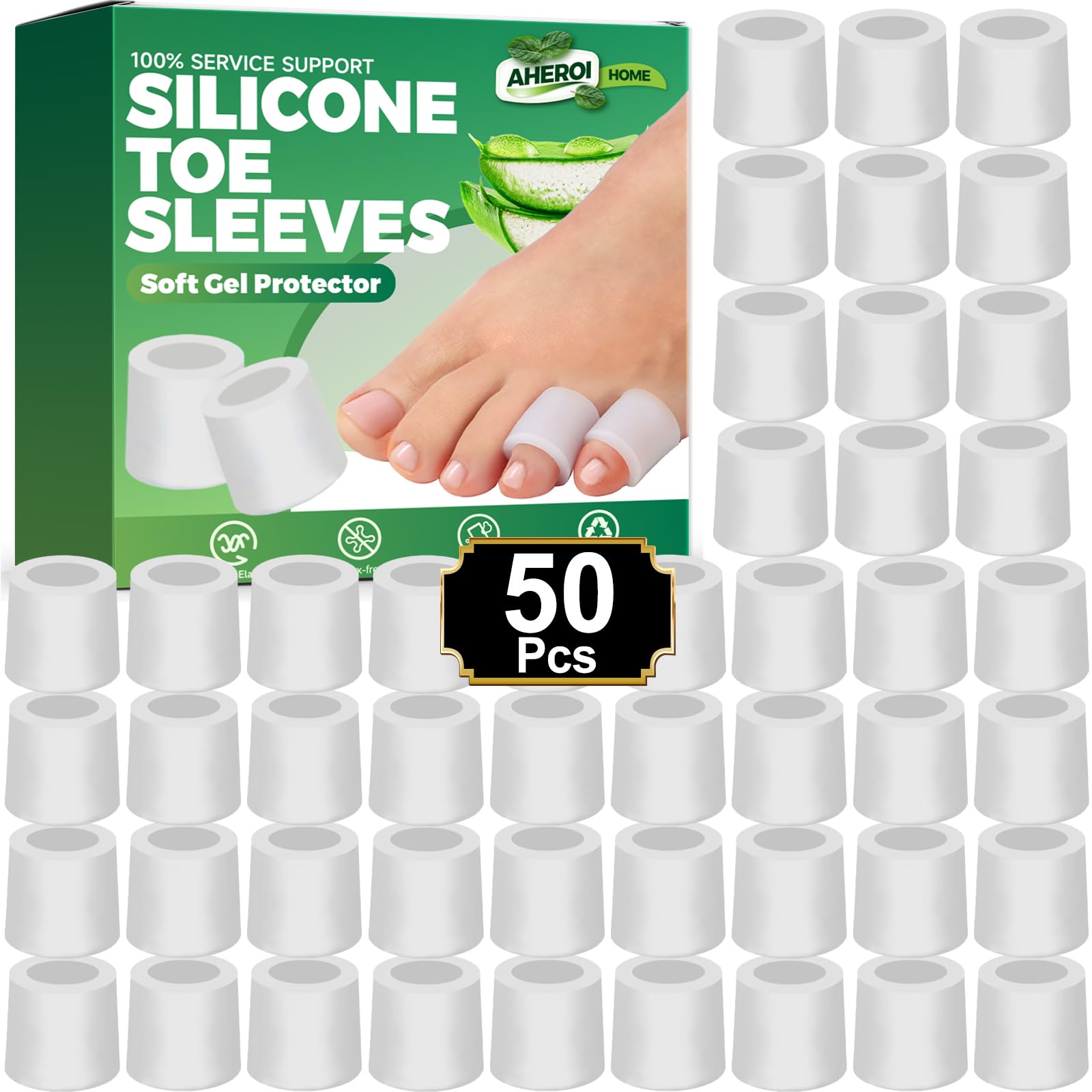 Photo 1 of Aheroi Toe Protectors, 50 Count Silicone Toe Sleeves Toe Covers for Women, Big Pain Relief Pinky Toe Protector for Men, Gel Hammer Toe Cover for Cushions Corns Bunion Blisters Toenails Loss