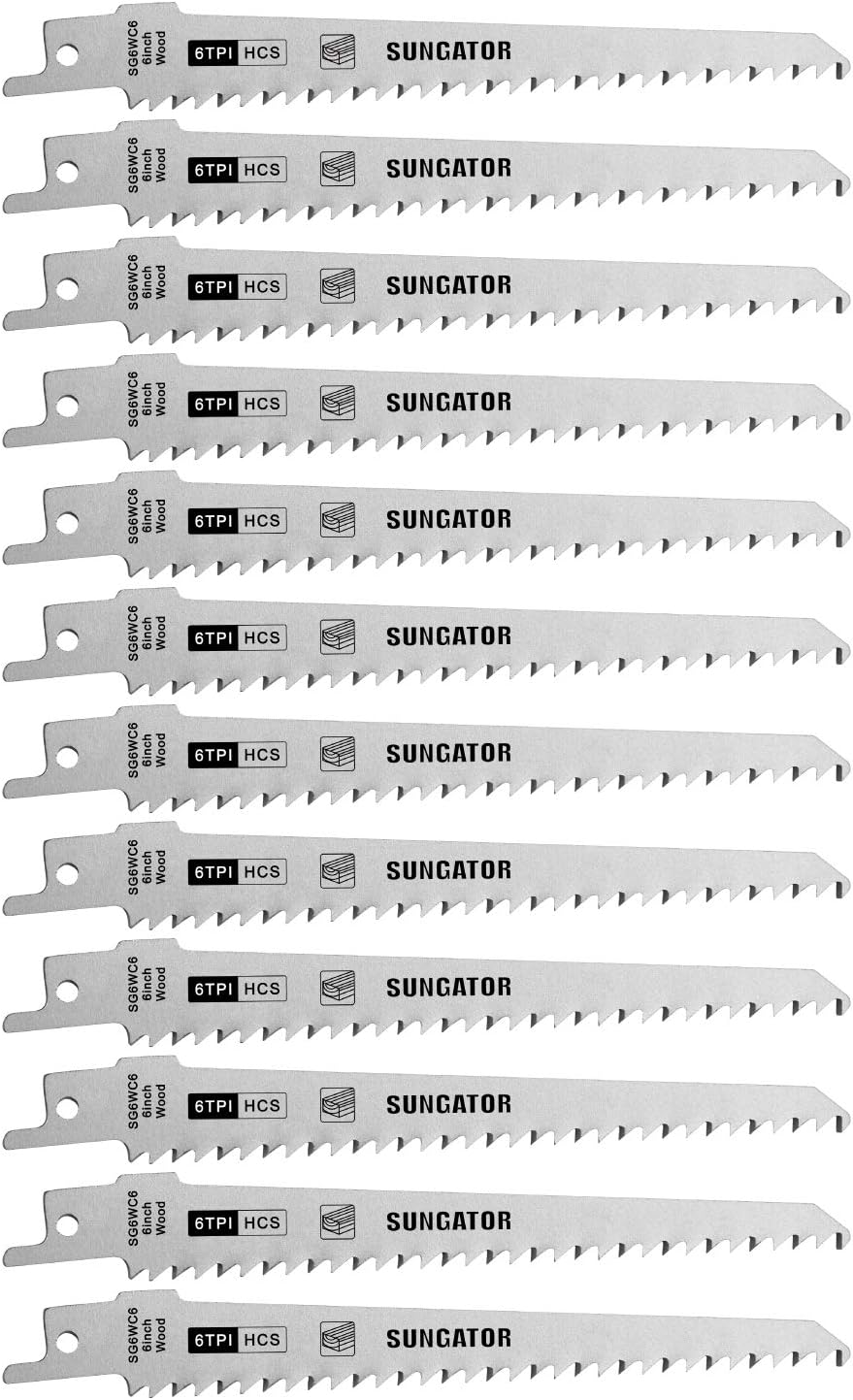12-Piece 6 Inch Reciprocating Saw Blades, SUNGATOR Wood Cutting Sawzall Blades, Straight and Fast Cutting (6 TPI)