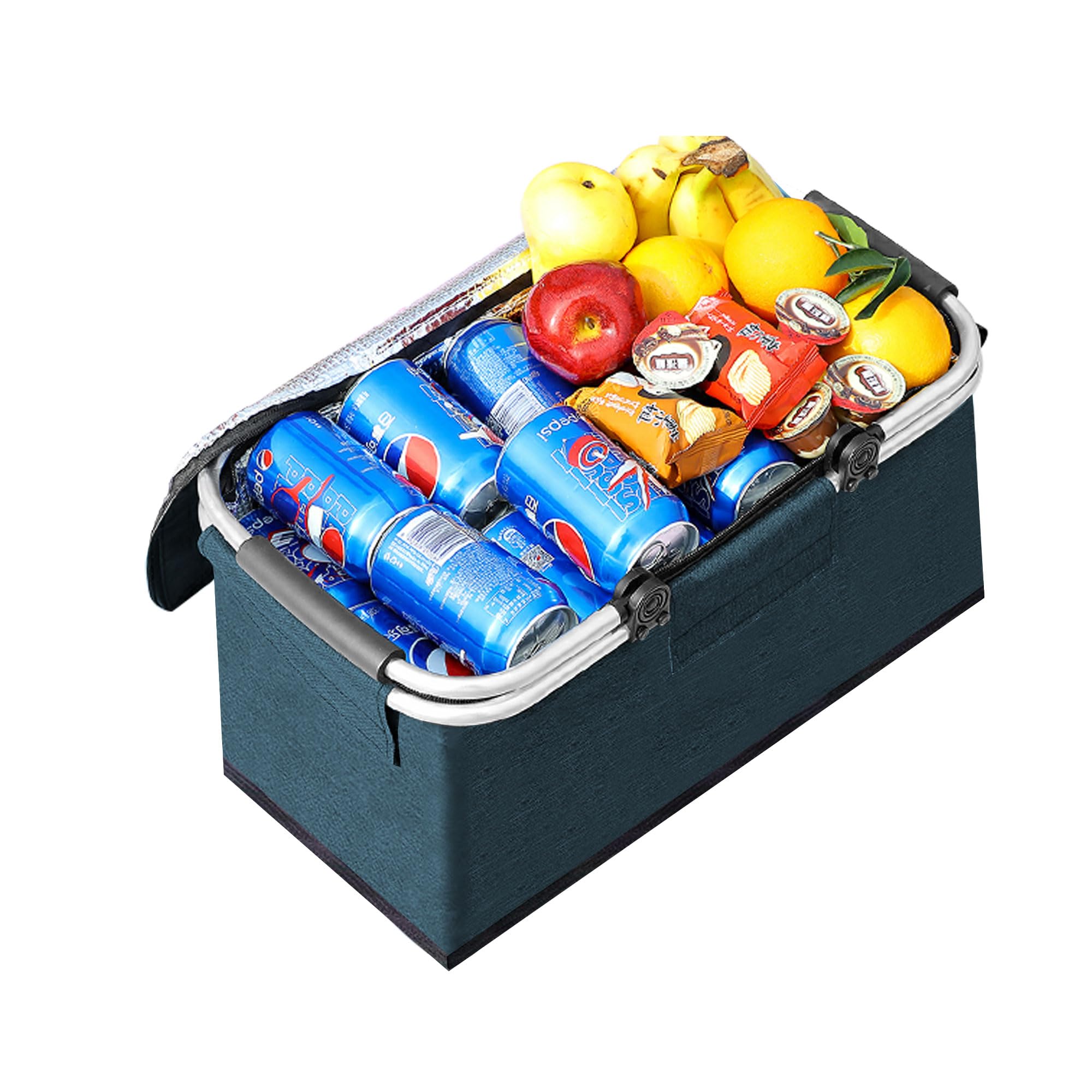 JXCTNNU Picnic Basket 25L Shopping Basket Folding Picnic Basket with Handle Lid Waterproof Cooler Bag Thermal Basket for Camping Trips Shopping Outdoor Activities (Blue)
