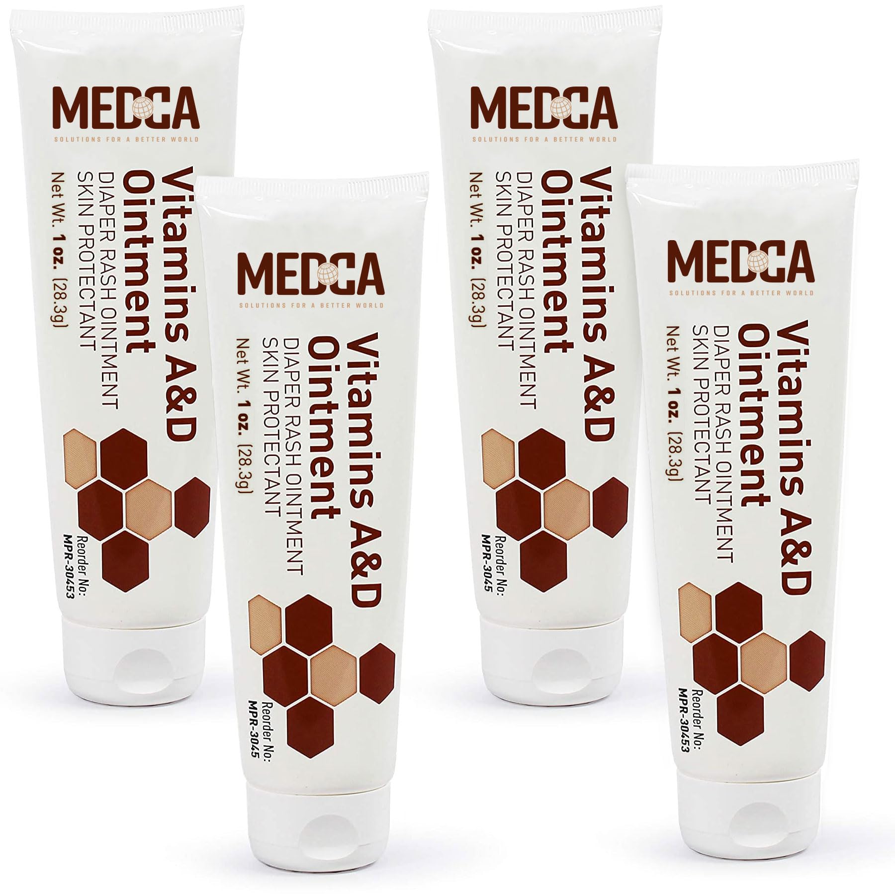 MEDca Vitamin A & D Diaper Rash Ointment- Protectant Cream For Sensitive Baby Skin - Lanolin & Petrolatum Formula, Dry-Cracked Hands/Feet/Face Skin, 1oz Tube, Pack of 4