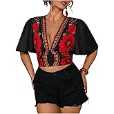 MakeMeChic Women's Boho Vacation Plus Size Tee Shirts Floral V Neck Half Sleeve Crop Tops