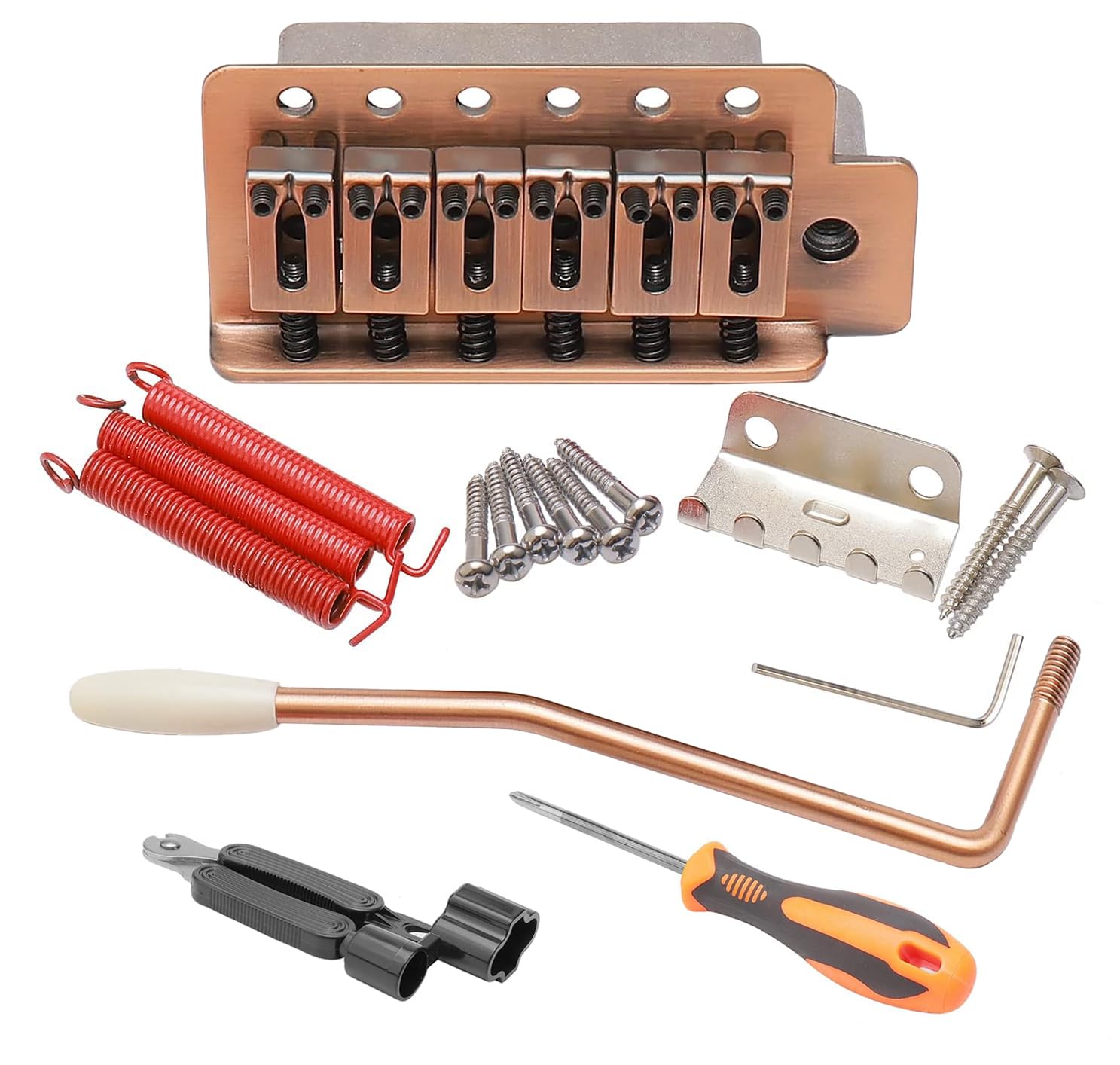 Unxuey 6 String Right Handed Electric Guitar Tremolo Bridge Saddles Set for Fender Strat Squier Style Guitar Replacement Parts with Whammy Bar Red Copper Color