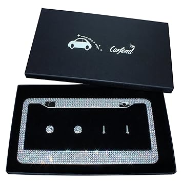 1 Pack Luxury Handcrafted Bling White Rhinestone Premium Stainless Steel License Plate Frame with Gift Box pcs Finest 14 Facets SS20 Clear White Rhinestone Crystal Anti-Theft Screw Cap 1000