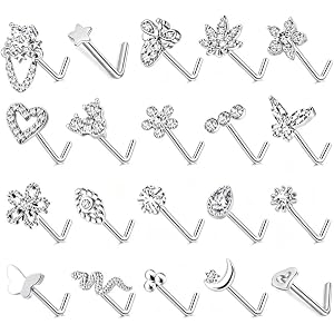 20Pcs L Shaped Nose Studs Set, Stainless Steel & Copper Zircon Inlaid Nose Piercing Jewelry Mixed Flower Moon Snake Heart Sta