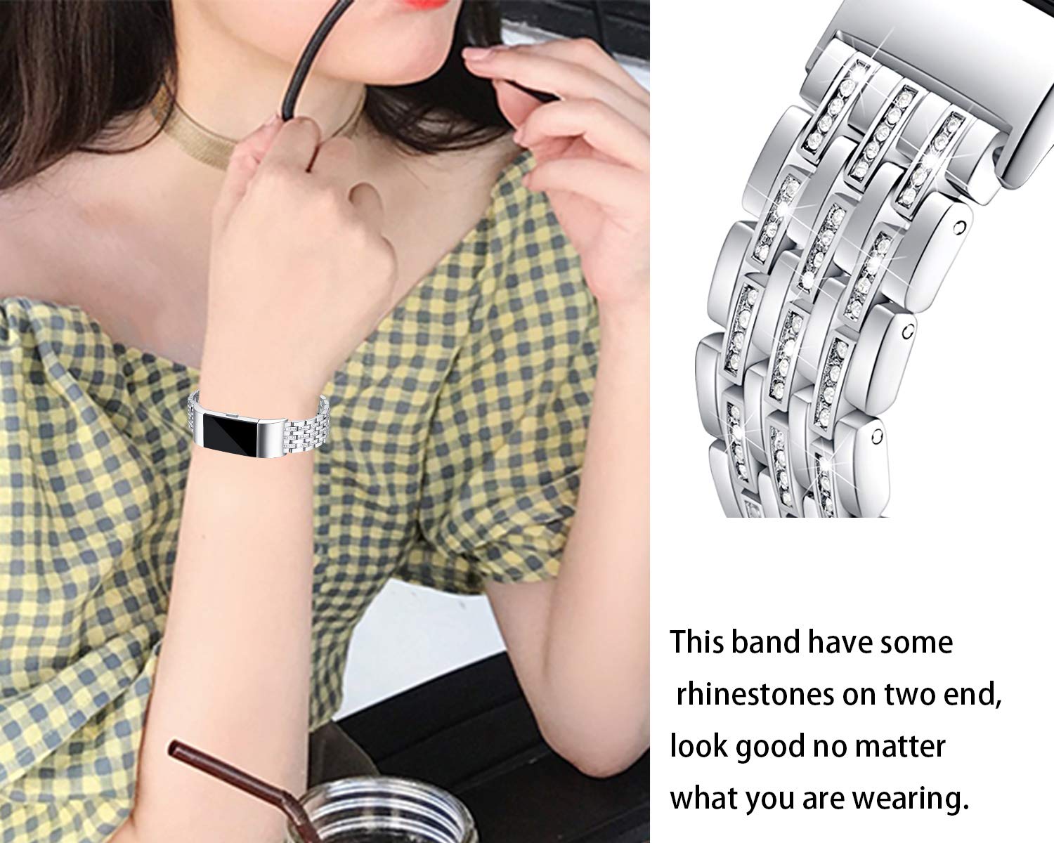 Kaleidoc Bands Compatible Fitbit Charge 2 - Metal Replacement Wristband with Premium Rhinestone Crystals, Adjustable Classy Bracelet Strap Compatible Fitbit Charge 2 Bands