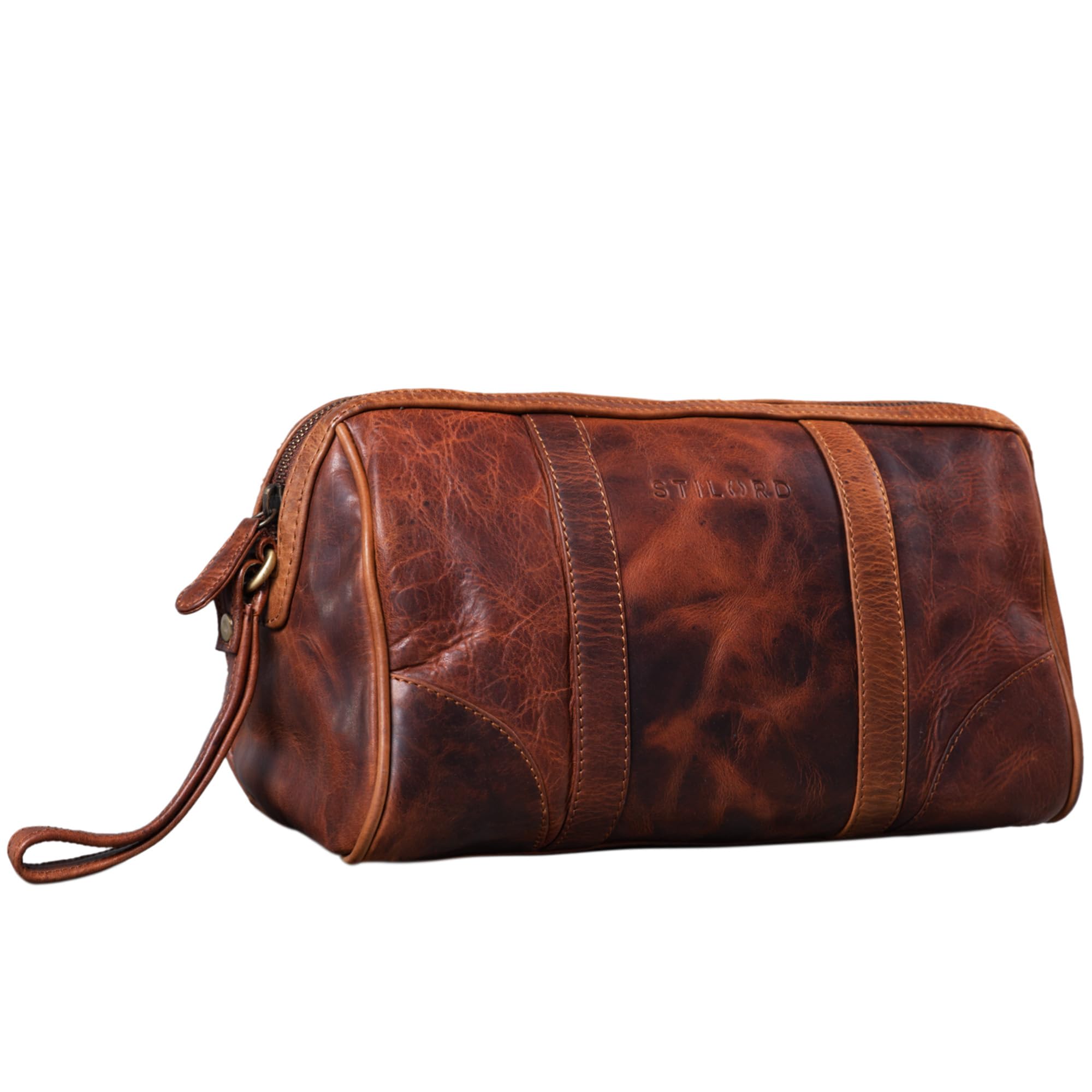 STILORD "Charles" Toilet Bag Leather Large Vintage Design for Men and Women Wash Bag Cosmetic Bag with Handle Colour:Kara - Cognac