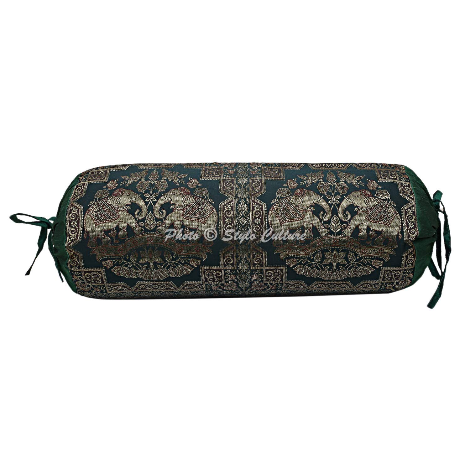 Stylo Culture Indian Polydupion Dark Green Golden Yoga Sofa Round Cylinder Pillows Cases Cylindrical Dark Green Gold Round Brocade Large Bolster Pillow Cover (1 Pc) | 30x15 Inches (76x38 cm)