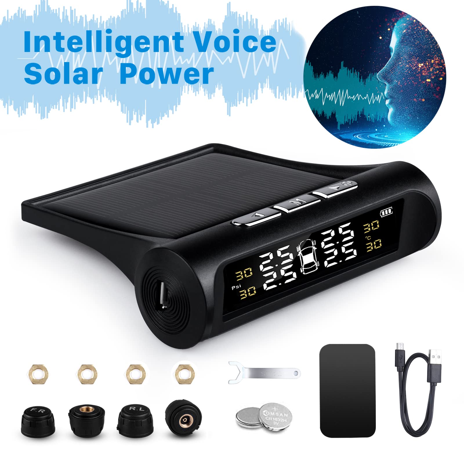 【Upgrade Version】Rocboc TPMS Tyre Pressure Monitoring System, Tire Pressure Checker Solar & USB Rechargeable, Auto Alarm and Real Time Detection, LCD Screen with 4 Waterproof External Sensors for Car