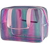 TotePrint Waterproof Makeup Bag,11.81 x 5.12 x 8.27 inch Iridescent TPU Travel Toiletry Bag with Handle for Women & Men, Portable Cosmetic Pouch for Gym Swim Beach (A23014)