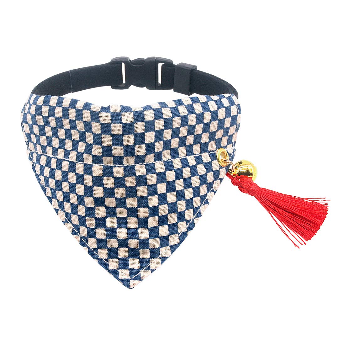 PetSoKoo Japan Tassel Bandana Cat Collar with Bell.Stylish Plaid Pattern.100% Cotton. For Cute Girl Breakaway Cat Collar. Soft,Blue