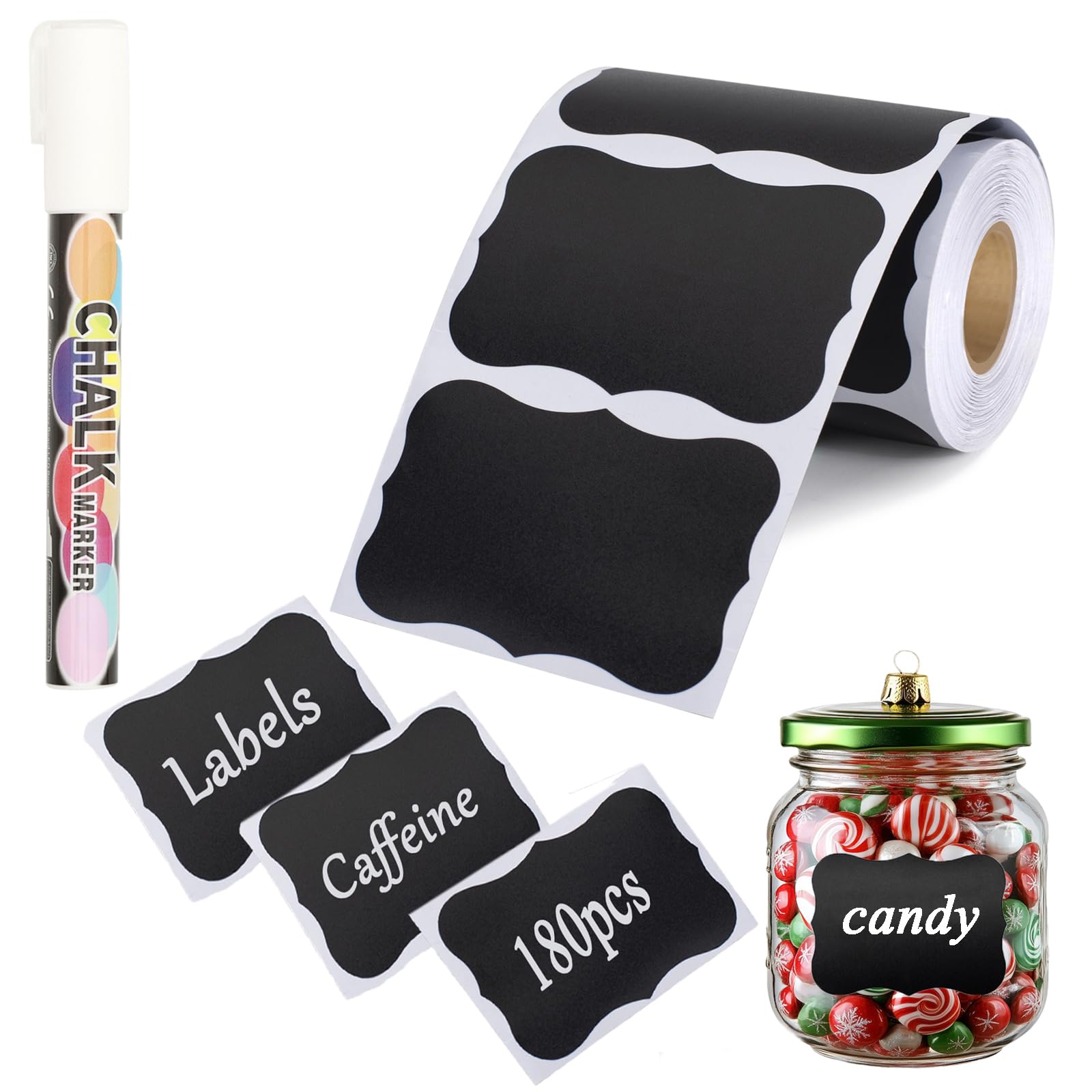 NANXJIUR 180 Pcs Chalkboard Labels, Reusable Blackboard Stickers with 1 Liquid Chalk Marker, Waterproof Chalkboard Stickers for Mason Jars, Parties Decoration, Craft Rooms, Weddings, Storage
