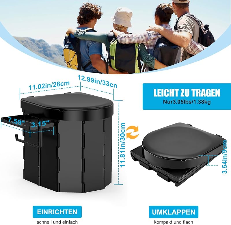 Campingtoilette Mobile Toilette Reisetoilette, Tragbare Toilette für drinnen und draußen belastbar bis zu 180kg, Falttoilette mit Beutel und Papierhalter, Camping Klo für Camping Reisen Notfall