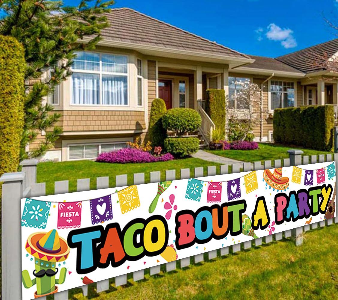 Large Taco Bout A Party Banner, Mexican Fiesta Cactus Banner, Mexican Fiesta Themed Baby Shower, Birthday, Bachelorette, Wedding Party Decoration Supplies, Indoor Outdoor (9.8 x 1.6 feet)