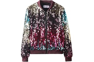 WELAKEN Girls' Ombre Sequin Bomber Jacket with Pockets Lightweight Sparkle Long Sleeve Zipper Gradient Jackets for Kid