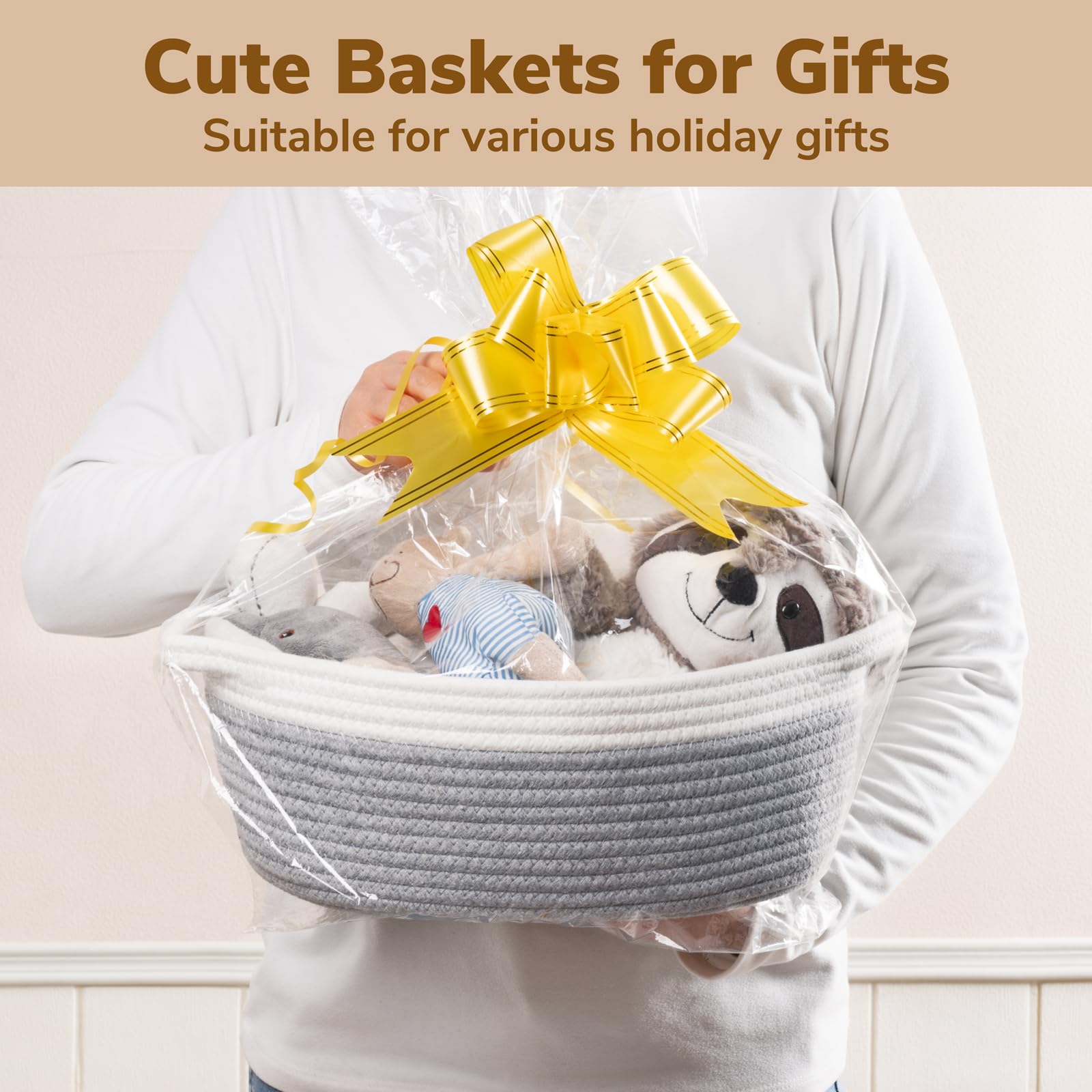 Goodpick Small Woven Storage Basket with Handles, Cotton Rope Baskets for Gifts Empty, Dog Toys, Diapers, Towels, Easter Baskets for Kids, 12
