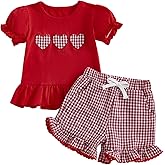 Lullnaxe Toddler Baby Girl Valentines Outfit Heart Embroidered Short Sleeve Tops Ruffled Trim Plaid Shorts Sets