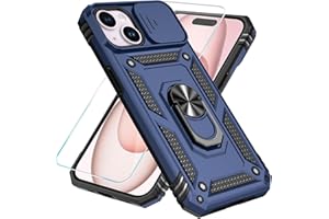 SunStory Compatible with iPhone 15 Plus Case with HD Screen Protector & Slide Camera Cover & Rotated Ring Kickstand, [Military-Grade] Phone Case for iPhone 15 Plus,Blue