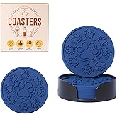 ZEXOLAP Cat paw Pattern Silicone Coasters with Holder, 6 Pack Thickened Non-Slip Drink Mats, Durable Coaster Set for Coffee Mugs, Whiskey, Beer