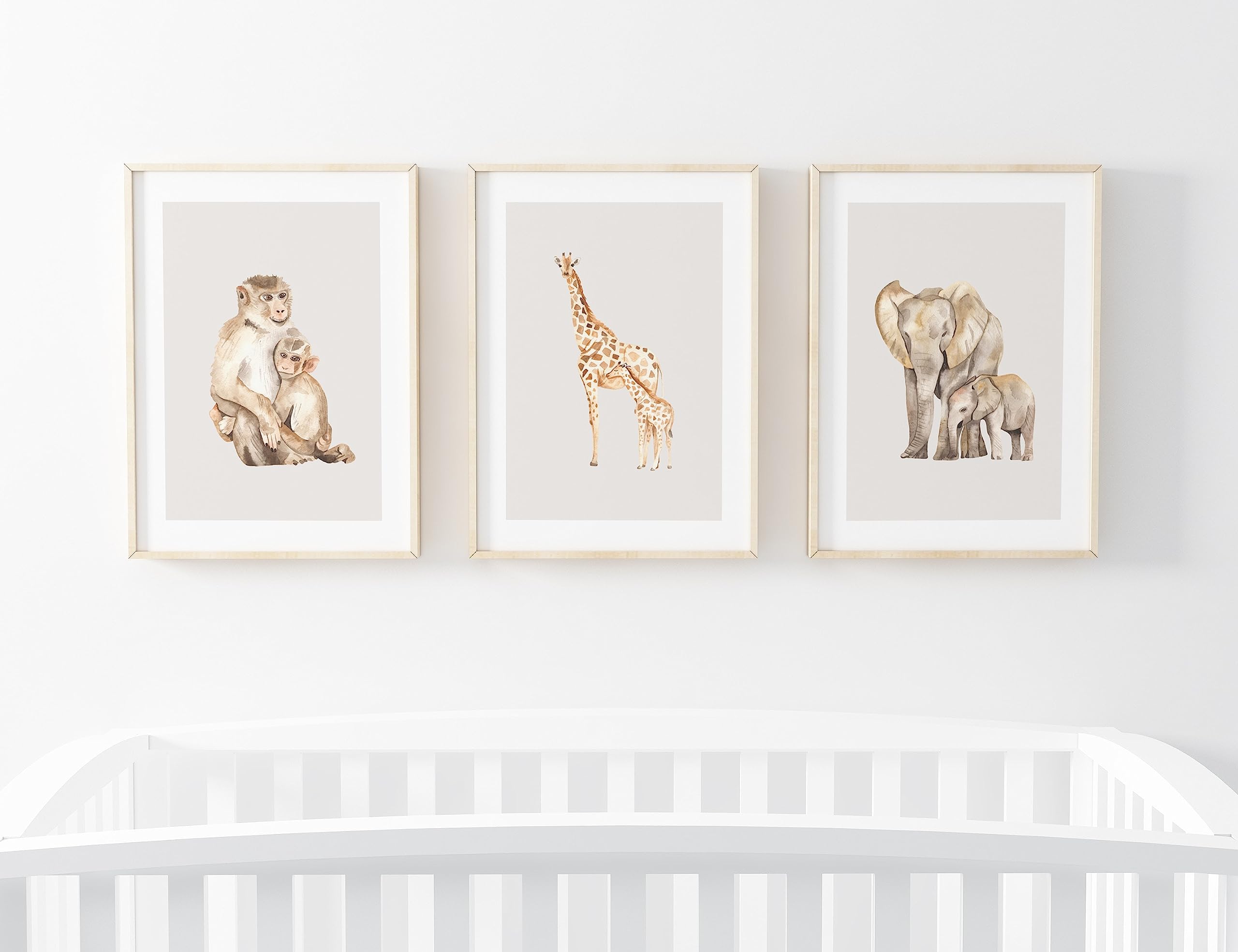 Mum and Baby Safari Nursery Prints for Bedroom wall, Set of 3 Elephant, Giraffe, Monkey | Safari Nursery Accessories | Unframed (A3)