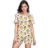 VKPSCHJ Women's Pajama Sets with Pocket,Traditional Pancake Soft Cotton Modal Short Sleeve Lounge Pajamas,Scoop Neck Pj Set S