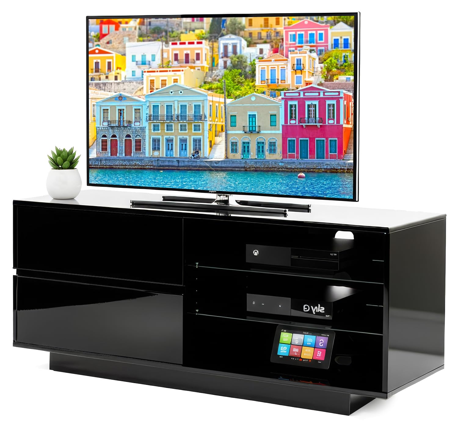 Homeology Gallus Gloss Black with 2-Black Drawers & 3-Shelf 26"-55" LED/LCD/Plasma Cabinet TV Stand