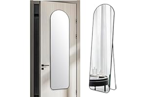 FINEWF 57x16 Door Hanging Full Length Mirror, Floor (Height 5.7ft just Body in 1.3ft) or Wall Mounted Metal Frame Arch Dressing Mirrors for Bathroom Bedroom Living Room 57 inch Black
