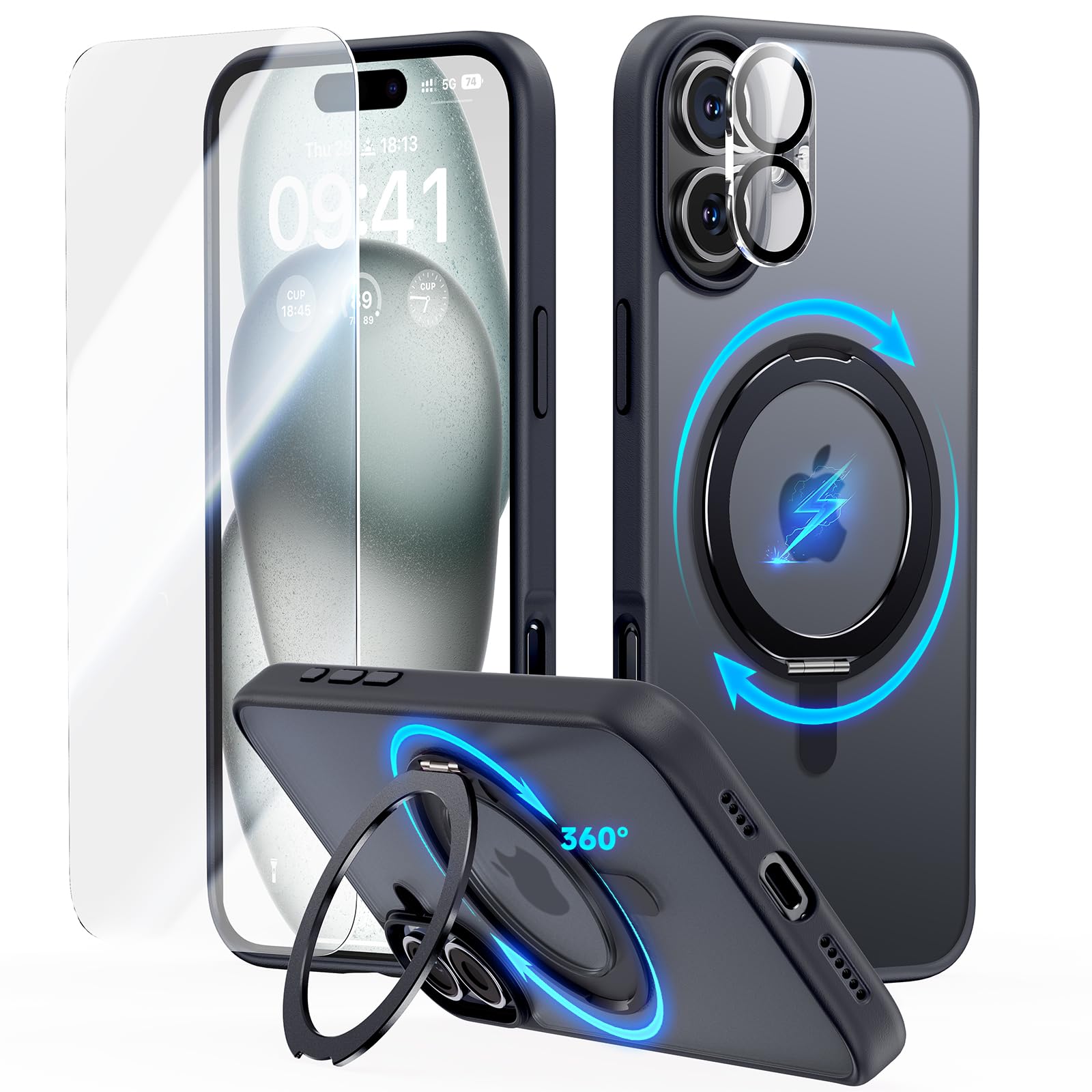 JUESHITUO for iPhone 16 Case: 360° Spin Magnetic Stand, Full Camera Protection, Fit for MagSafe, 16FT Military Grade Shockproof Protective Phone Cover with Kickstand Ring Holder, Black