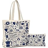 Wazzio Aesthetic 2 Pcs Canvas Tote Bag with Makeup Bag for Christmas, Reusable Grocery Bags Gift for Shopping Gym Travel Work
