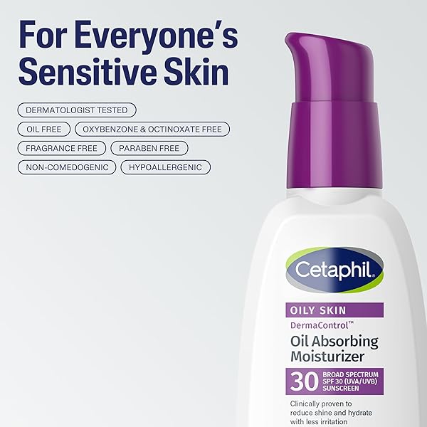 CETAPHIL DERMACONTROL OIL ABSORBING MOISTURIZER WITH SPF 30, FOR SENSITIVE, OILY SKIN, 4 FL OZ, ABSORBS OIL, REDUCES SHINE, HYDRATES, PROTECTS, NO ADDED FRAGRANCE