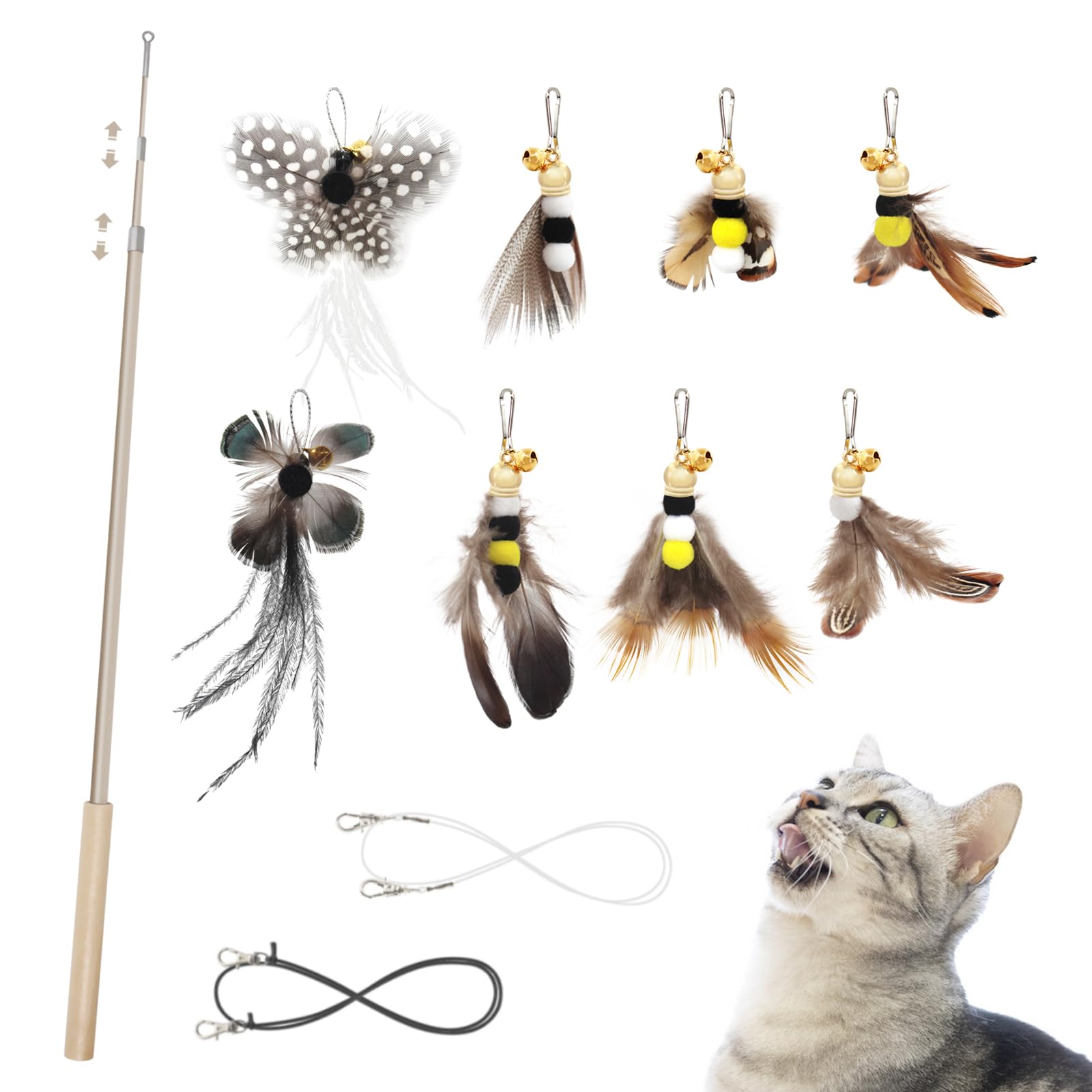 SONGWAY Cat Feather Stick Toy - 9 Pcs Insect Shaped Cat Feather Toys Set, 1 Retractable Cat Wand and 8 Feather Refills with Bells, Interactive Cat Toy for Indoor Cat Kitten Exercise Playing