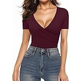 MANGOPOP Women's Cross Wrap Ruched Plunge Sexy Deep V Neck Slim Fit Short Sleeve T Shirt Tunic Tops Tee