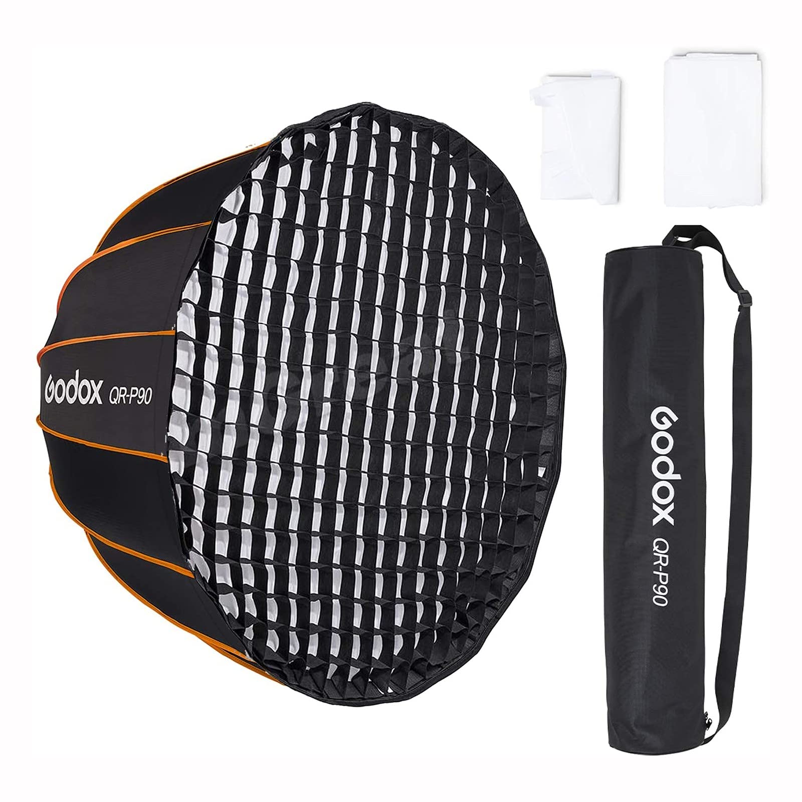 GODOX QR-P90 35.4 Inch/90CM Parabolic Softbox Bowens Mount, Quick Release Parabolic Softbox, with Front & Inner Diffuser SL-60W AD600BM VL150 UL150 SL150II Amaran 100X 200D 200X w/Grid