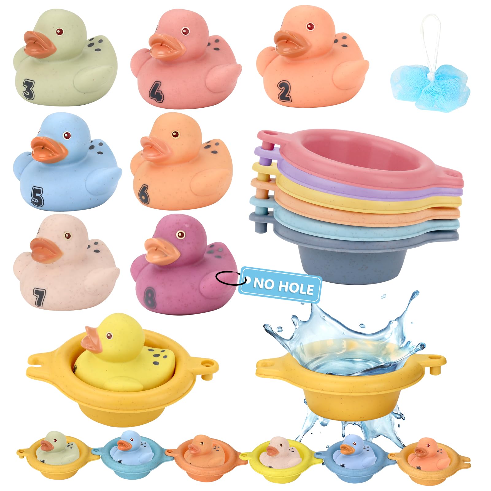 No Hole Baby Bath Toys – 16PCS Mould Free Floating Toys with Number Ducks & Boats, Bath Toys for 1 2 3 Year Old Boys Girls, Toddler Pool Toys for Kids Bathtub Water Play