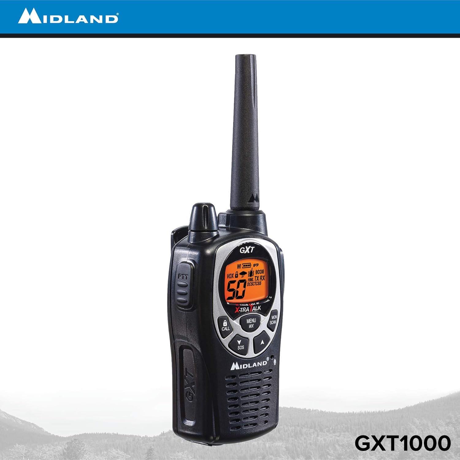 Midland 50 Channel Waterproof GMRS Two-Way Radio - Long Range Walkie Talkie with 142 Privacy Codes, SOS Siren, and NOAA Weather Alerts and Weather Scan (Black/Silver, Pair Pack)