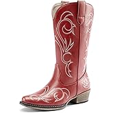 DREAM PAIRS Women's Cowboy Boots Mid Calf Cowgirl Boots Square Toe Chunky Heel Embroidery Stitched Western Boots