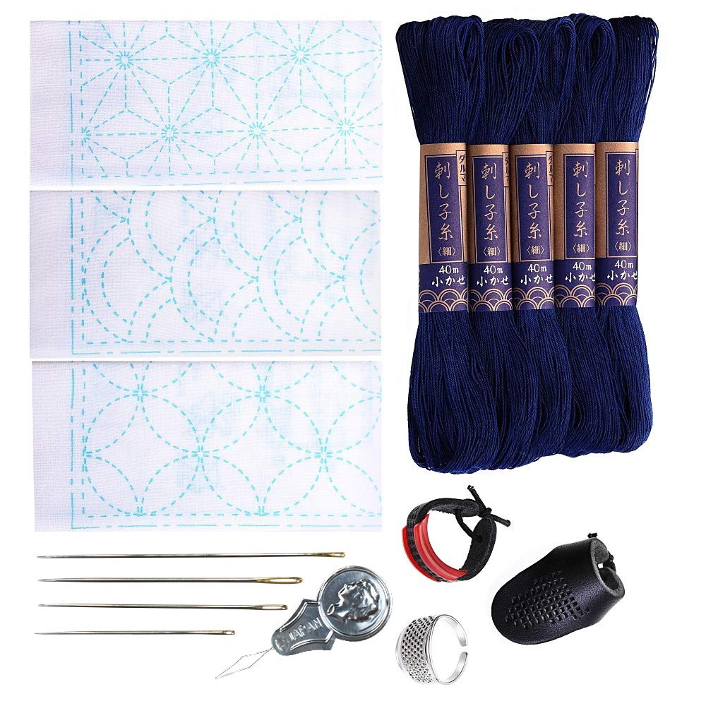 Sashiko kit, Yokota Sashiko Thread, Needles and Template Yume Fukin with Original English Manual, Thimble Sewing Set, Fabric, Japanese Textile (Navy Thread/White Dishcloth 1)
