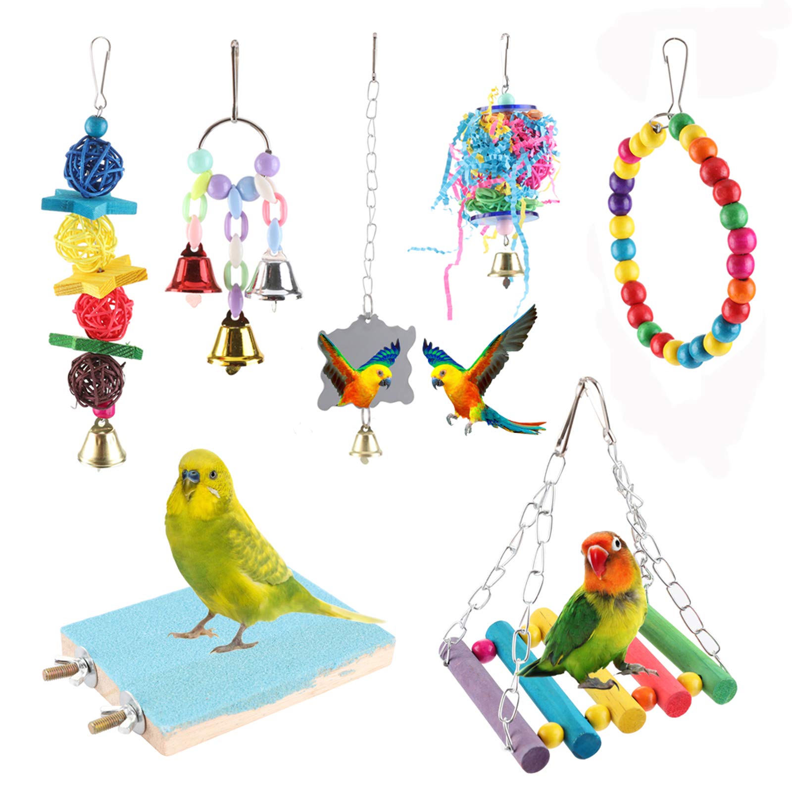 Bebester Bird Chewing Toys, 7pcs Bird Cage Toy Parrot Swing Toy Hanging Colorful Chewing Perches Parrot Toy Parrot Bite Toy for Small Conures, Love Birds, Small Parakeets Cockatiels, Macaws